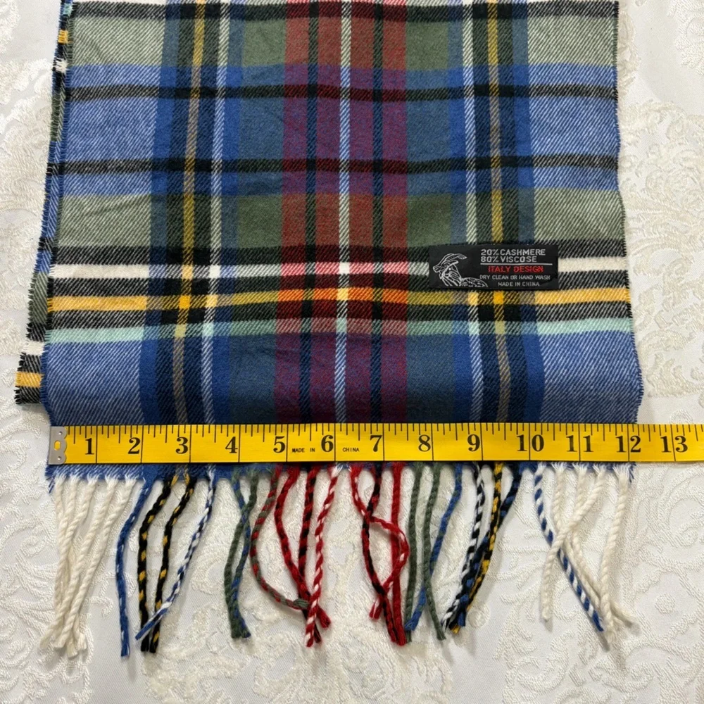 Italy Design Cashmere Blend Multicolor Plaid Scarf With Fringe